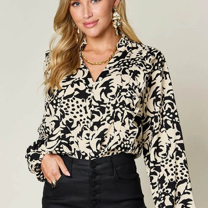Double Take Full Size Printed Ruffle Trim Balloon Sleeve Shirt - MimiStylez