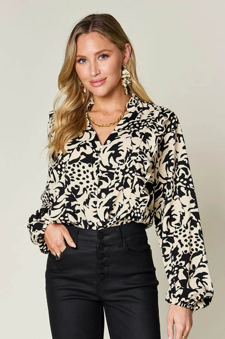Double Take Full Size Printed Ruffle Trim Balloon Sleeve Shirt - MimiStylez
