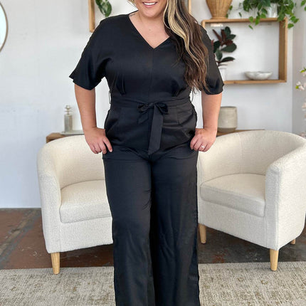 Double Take Full Size V-Neck Tie Front Short Sleeve Slit Jumpsuit - MimiStylez