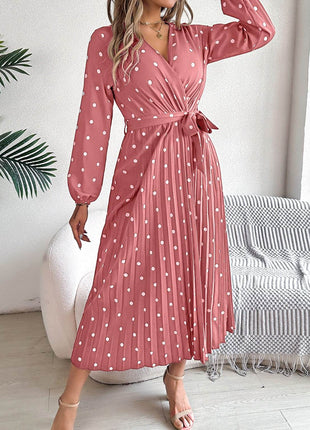 Tied Polka Dot Long Sleeve Midi Dress - MimiStylez