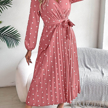 Tied Polka Dot Long Sleeve Midi Dress - MimiStylez