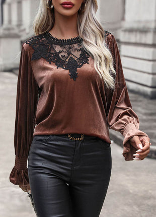 Lace Detail Round Neck Smocked Flounce Sleeve Blouse - MimiStylez