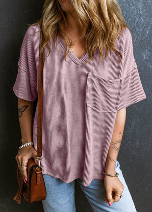 Textured V-Neck Dropped Shoulder T-Shirt - MimiStylez