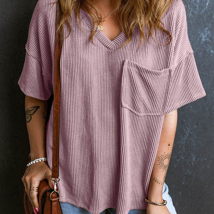 Textured V-Neck Dropped Shoulder T-Shirt - MimiStylez