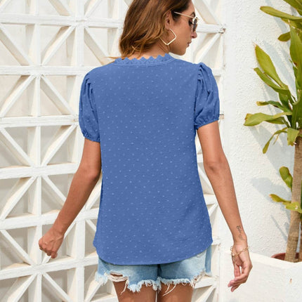 Swiss Dot Lace Detail V-Neck Blouse - MimiStylez