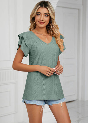 Eyelet Layered Flutter Sleeve V-Neck Knit Top - MimiStylez