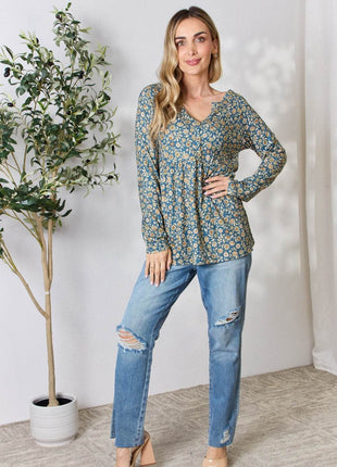 Heimish Full Size Floral Half Button Long Sleeve Blouse - MimiStylez
