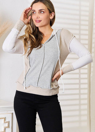 Double Take Color Block Exposed Seam Drawstring Hoodie - MimiStylez