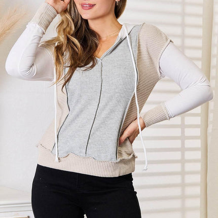 Double Take Color Block Exposed Seam Drawstring Hoodie - MimiStylez