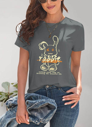 Rabbit Graphic Round Neck Short Sleeve T-Shirt - MimiStylez