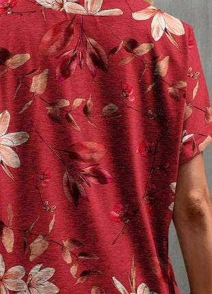 Printed Notched Short Sleeve T-Shirt - MimiStylez