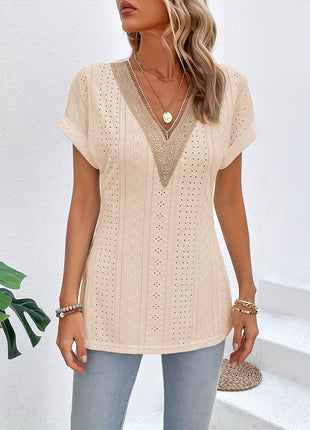 Slit Eyelet V-Neck Short Sleeve Blouse - MimiStylez