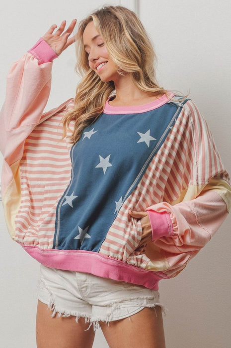 BiBi Stars and Stripes Round Neck Long Sleeve Top - MimiStylez