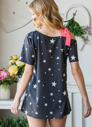 Heimish Full Size Star Print Asymmetrical Neck Short Sleeve Top - MimiStylez