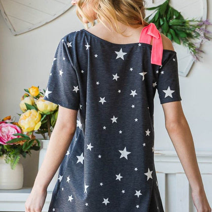 Heimish Full Size Star Print Asymmetrical Neck Short Sleeve Top - MimiStylez