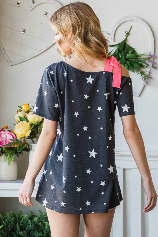 Heimish Full Size Star Print Asymmetrical Neck Short Sleeve Top - MimiStylez