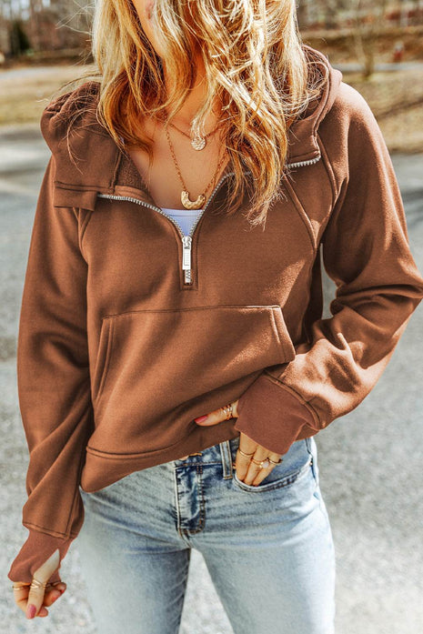 Double Take Half-Zip Thumbhole Sleeve Hoodie - MimiStylez