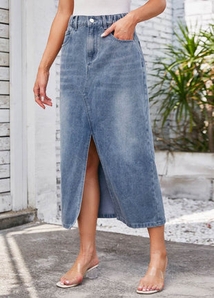 Slit Midi Denim Skirt with Pockets - MimiStylez