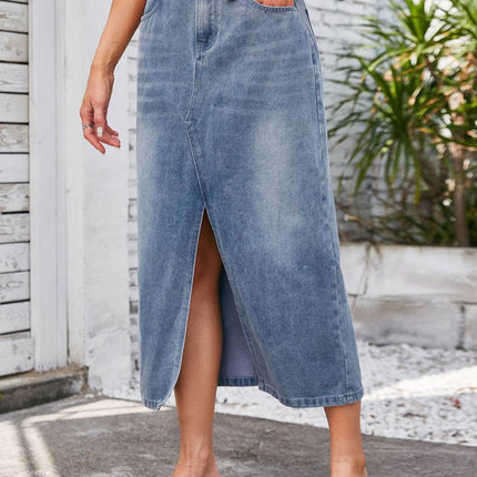 Slit Midi Denim Skirt with Pockets - MimiStylez