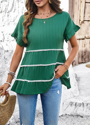 Round Neck Flounce Sleeve Blouse - MimiStylez