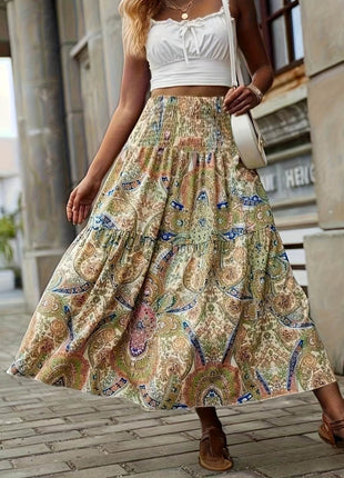 Full Size Tiered Smocked Printed High Waist Skirt - MimiStylez