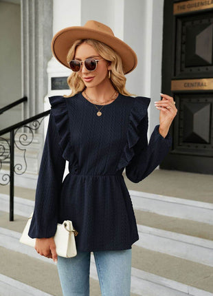 Round Neck Ruffled Peplum Blouse - MimiStylez