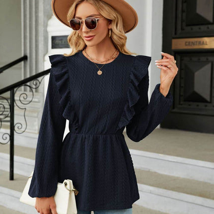 Round Neck Ruffled Peplum Blouse - MimiStylez