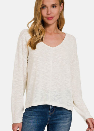 Zenana V-Neck Dropped Shoulder Long Sleeve T-Shirt - MimiStylez