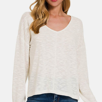 Zenana V-Neck Dropped Shoulder Long Sleeve T-Shirt - MimiStylez