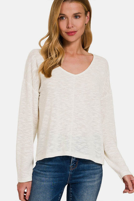 Zenana V-Neck Dropped Shoulder Long Sleeve T-Shirt - MimiStylez
