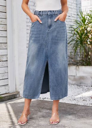 Slit Midi Denim Skirt with Pockets - MimiStylez