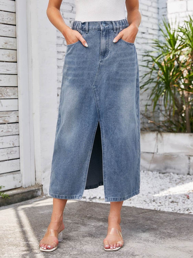 Slit Midi Denim Skirt with Pockets - MimiStylez