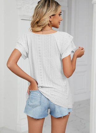 Eyelet Layered Flutter Sleeve V-Neck Knit Top - MimiStylez