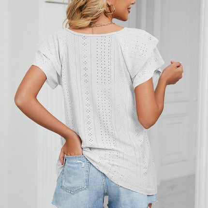 Eyelet Layered Flutter Sleeve V-Neck Knit Top - MimiStylez