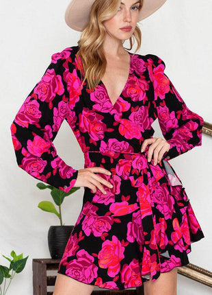 Floral Print Surplice Neck Long Sleeve Dress - MimiStylez