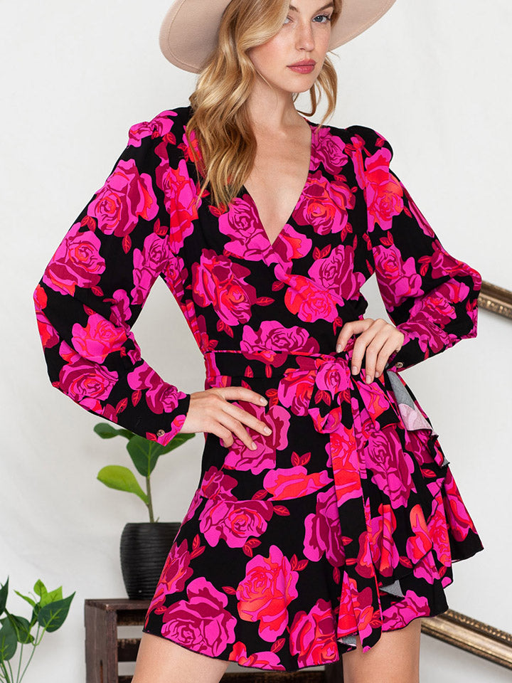 Floral Print Surplice Neck Long Sleeve Dress