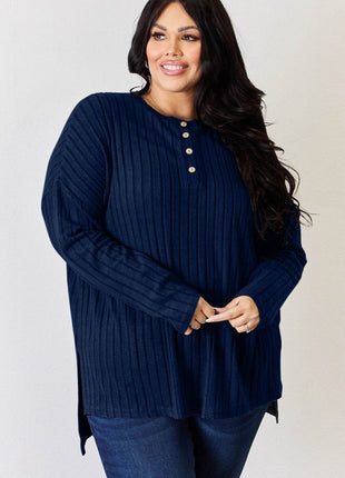 Basic Bae Full Size Ribbed Half Button Long Sleeve High-Low T-Shirt - MimiStylez