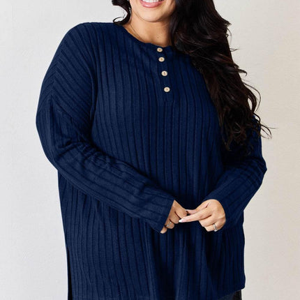 Basic Bae Full Size Ribbed Half Button Long Sleeve High-Low T-Shirt - MimiStylez