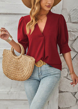 Notched Half Sleeve Blouse - MimiStylez