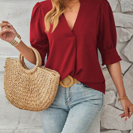 Notched Half Sleeve Blouse - MimiStylez