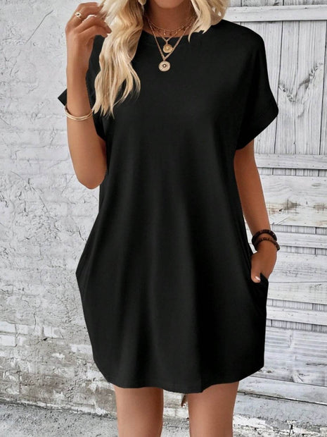 Pocketed Round Neck Short Sleeve Dress - MimiStylez