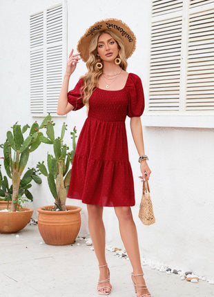 Swiss Dot Smocked Square Neck Dress - MimiStylez