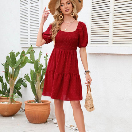 Swiss Dot Smocked Square Neck Dress - MimiStylez