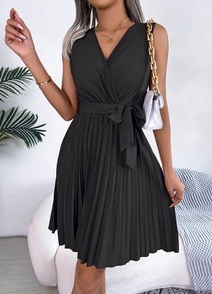 Tied Surplice Sleeveless Pleated Dress - MimiStylez