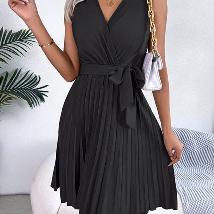 Tied Surplice Sleeveless Pleated Dress - MimiStylez