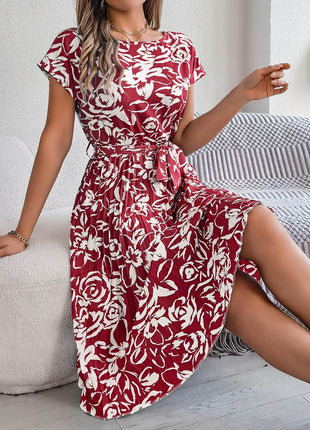 Tied Pleated Printed Short Sleeve Dress - MimiStylez
