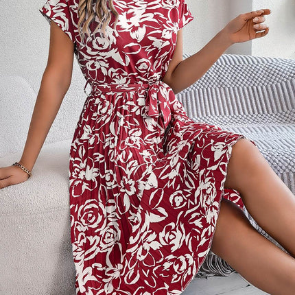Tied Pleated Printed Short Sleeve Dress - MimiStylez