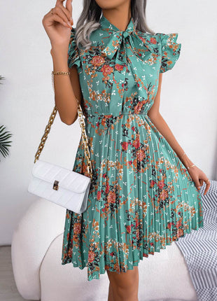 Pleated Floral Printed Tie Neck Knee Length Dress - MimiStylez