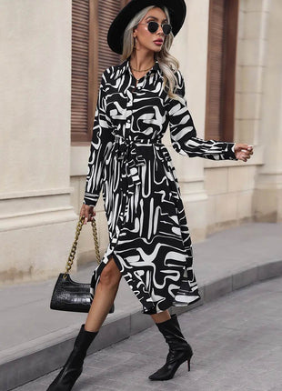 Perfee Printed Tie Front Collared Neck Slit Shirt Dress - MimiStylez