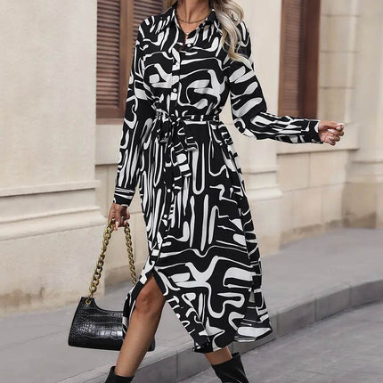 Perfee Printed Tie Front Collared Neck Slit Shirt Dress - MimiStylez